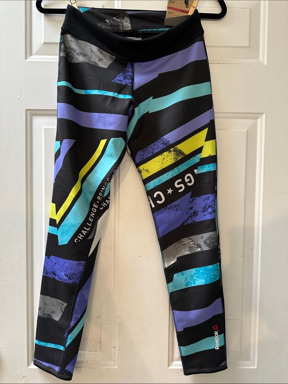 Reversible Reebok Womens Black Leggings with Blue, Purple & Yellow Colorblock
